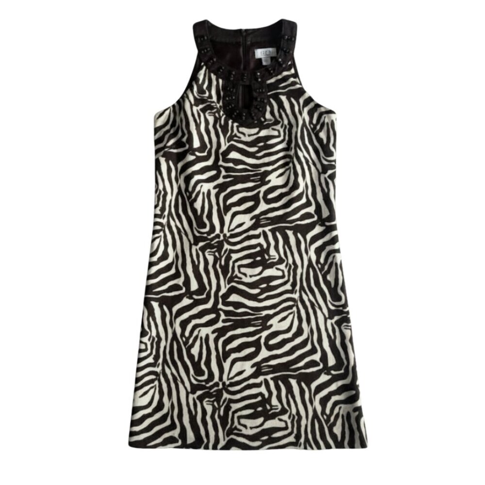 Ann Taylor LOFT Petite Zebra Print Dress Size 4P Brown White Beaded Top